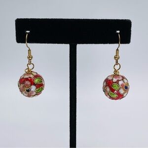 VTG Earrings Enamel Metal Flower Red Ball Gold Tone 80s Jewelry Retro Gift Flora